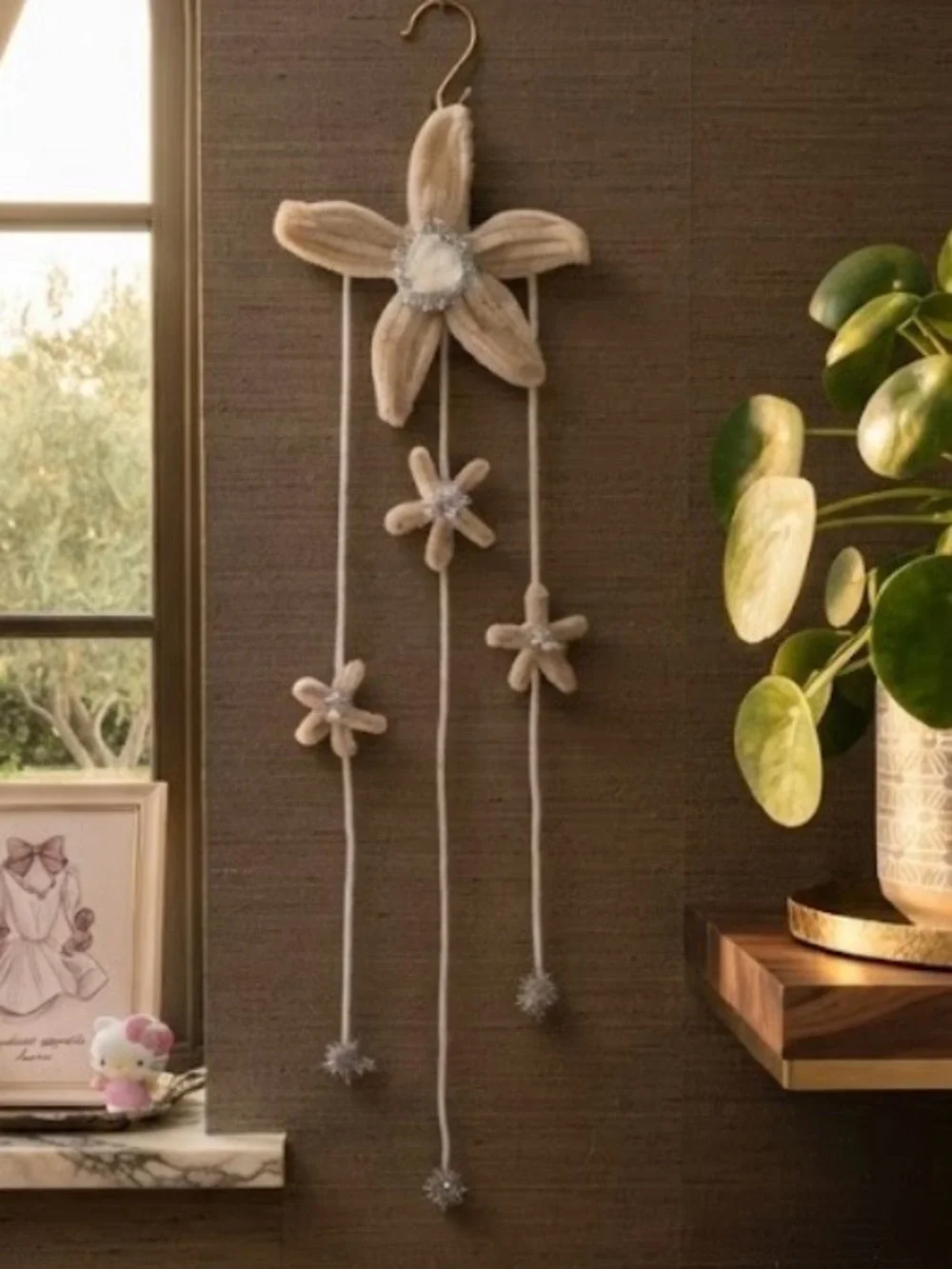 Serene Beige Plush Flower Wall Hanging with Cascading Star Blossoms|Custommade
